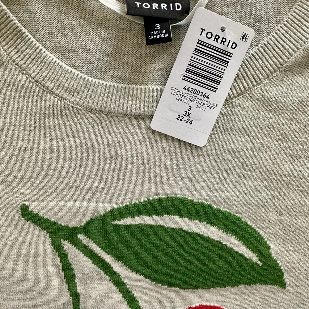 Torrid Gray Sweater with Cherry Green Leaf Design - Picture 2 of 5